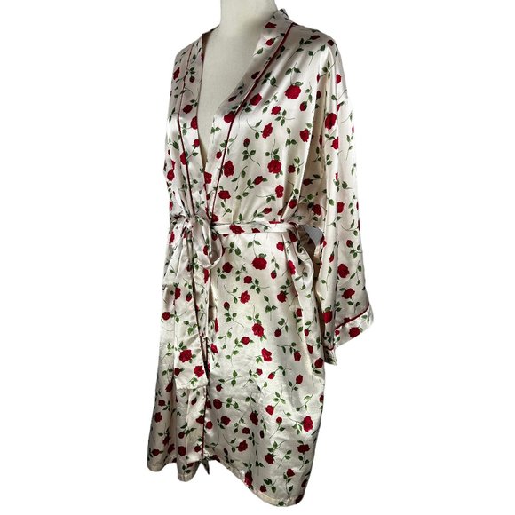 Like new JOSIE NATORI Kimono Style Cream Satin-Like Red Rose Print Robe … - Picture 2 of 11